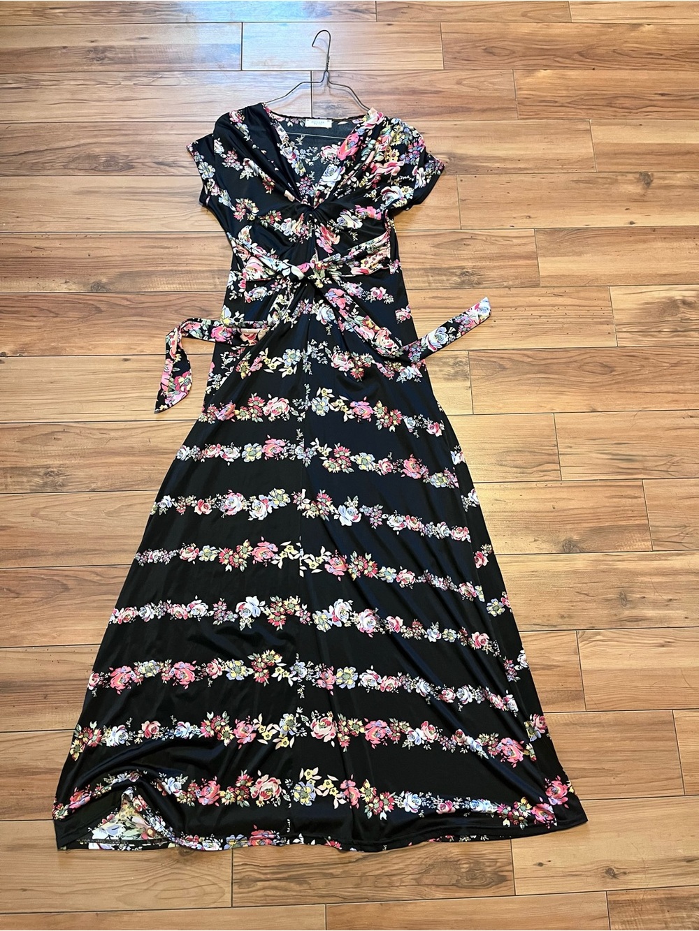 Vintage 1990s Black Midi Dress with Pink Floral stripes  and Tie Waist - Picture 2 of 5